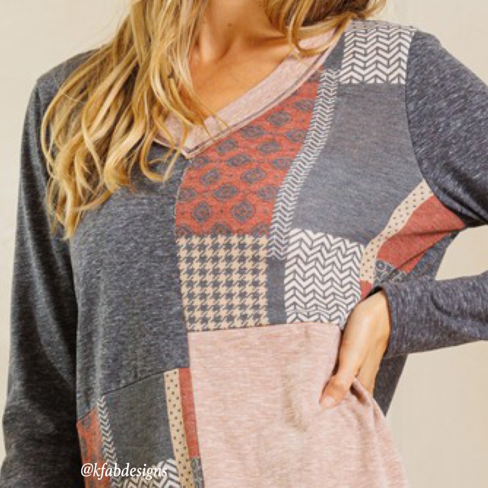 LAST 2! Beautiful V Neck Soft Knit Color Block Print Top! - Picture 5 of 5